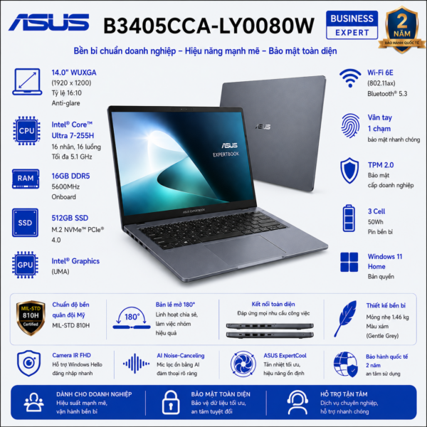 Laptop ASUS ExpertBook B3 B3405CCA-LY0080W (Intel Core Ultra 7 255H | RAM 16GB DDR5 | SSD 512GB | 14 Inch WUXGA | Vân Tay | Win 11 Home)