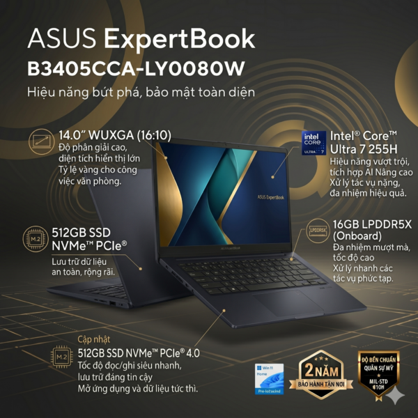 Laptop ASUS ExpertBook B3 B3405CCA-LY0080W (Intel Core Ultra 7 255H/ Intel Graphics/ 14 inch WUXGA/ 16GB/ 512GB/ Win 11/ Xám)
