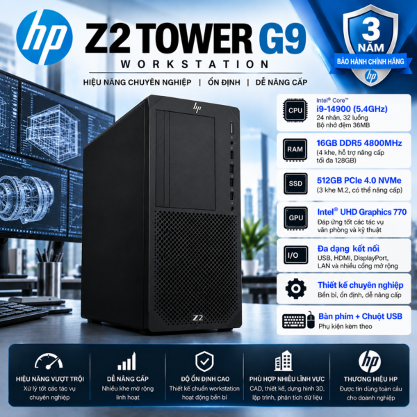 Máy tính trạm Workstation HP Z2 Tower G9 Workstation Core i9-14900 | 16GB RAM | 512GB SSD | Key & Mouse | 3Y