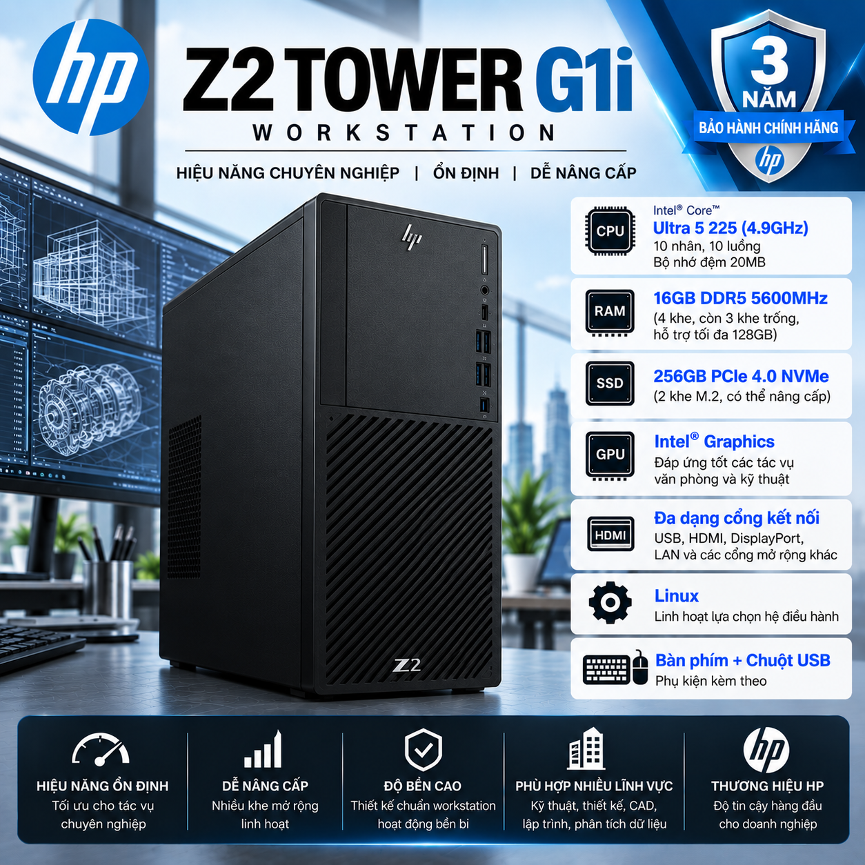Máy tính để bàn Workstation HP Z2 Tower G1i B04F6AV Core Ultra 5-225/16GB/256GB SSD/3Y