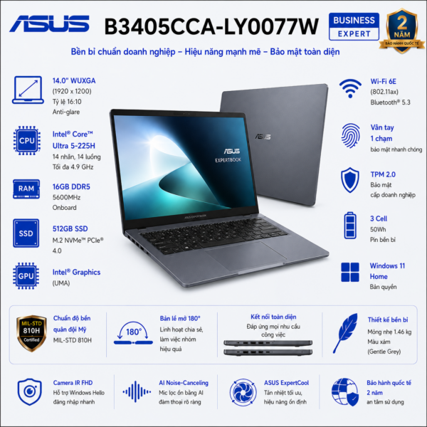Laptop ASUS ExpertBook B3 B3405CCA-LY0077W (Intel Core Ultra 5 225H | RAM 16GB DDR5 | SSD 512GB | 14 Inch WUXGA | Vân Tay | Win 11 Home)