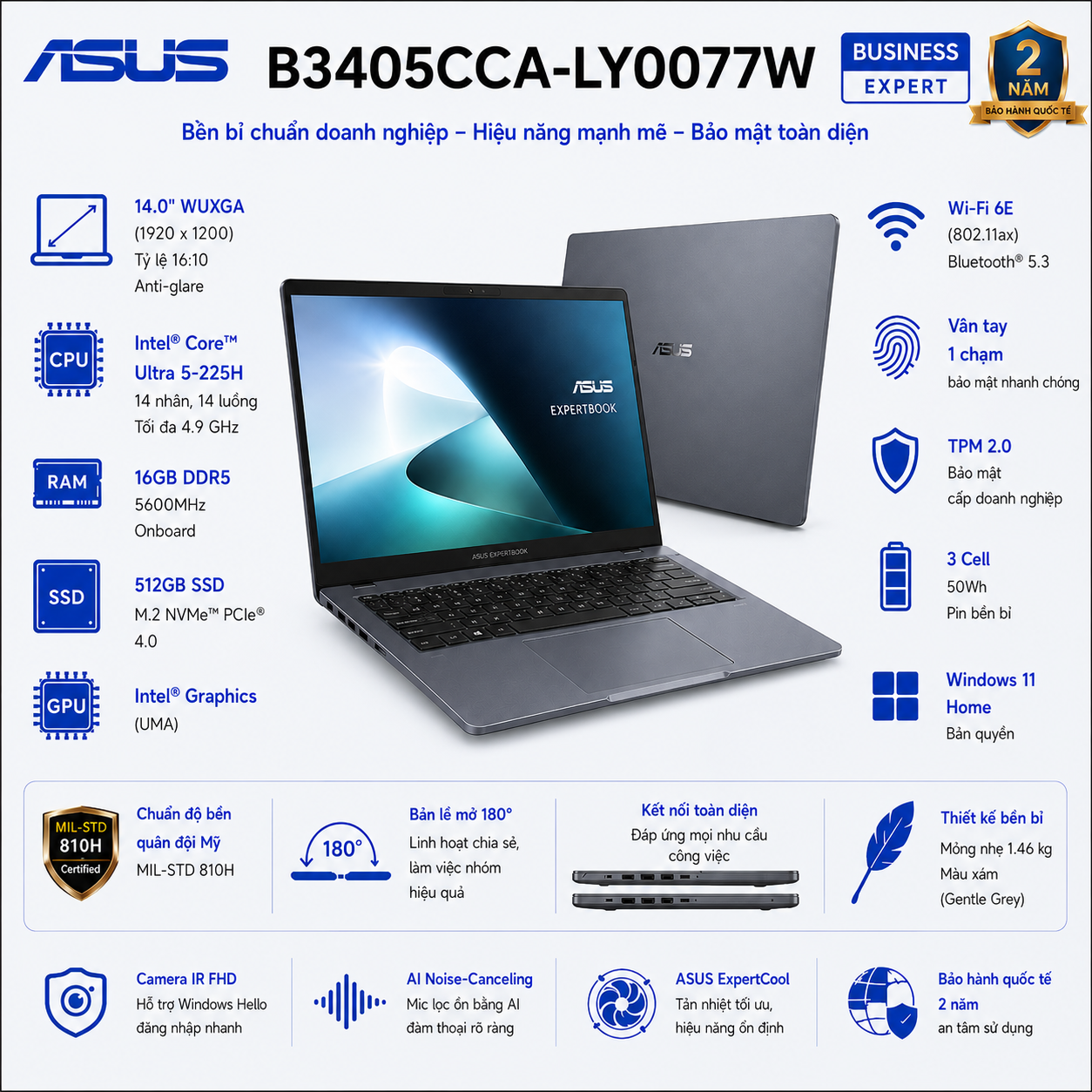 Laptop ASUS ExpertBook B3 B3405CCA-LY0077W (Intel Core Ultra 5 225H | RAM 16GB DDR5 | SSD 512GB | 14 Inch WUXGA | Vân Tay | Win 11 Home)