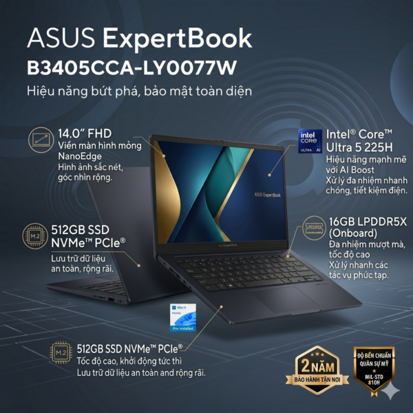 Laptop ASUS ExpertBook B3405CCA-LY0077W (Intel Core Ultra 5 225H | RAM 16GB | 512GB SSD NVMe | 14 Inch FHD | Win 11)