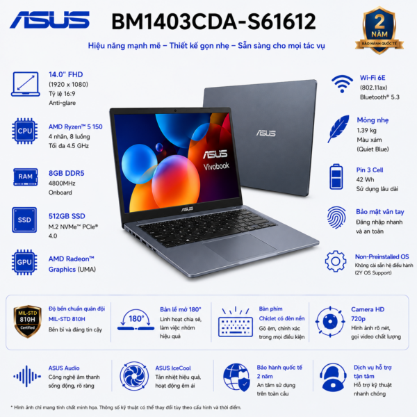 Laptop ASUS ExpertBook BM1 BM1403CDA-S61612 (AMD Ryzen 5 150 | RAM 8GB DDR5 | SSD 512GB | 14 Inch FHD | No OS)