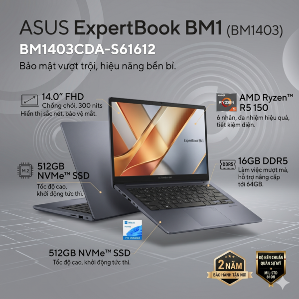 Laptop ASUS ExpertBook BM1403CDA-S61612 (AMD Ryzen R5 150 | RAM 16GB | 512GB SSD NVMe | 14 Inch FHD | Win 11)