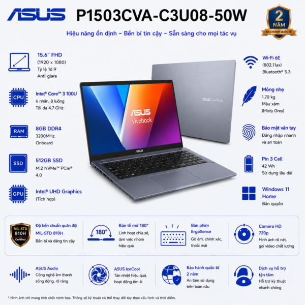 Laptop ASUS ExpertBook P1 P1503CVA-C3U08-50W (Intel Core 3 100U | RAM 8GB DDR5 | SSD 512GB | 15.6 Inch FHD | Vân Tay | Win 11 Home)