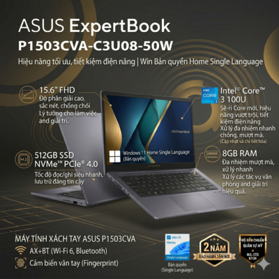 Laptop ASUS ExpertBook P1503CVA-C3U08-50W (15.6 Inch FHD | Intel Core 3 100U | RAM 8GB | 512GB SSD NVMe | Win 11)