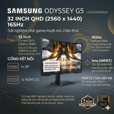 Màn Hình Gaming Samsung Odyssey G5 LS32CG552EEXXV (32 Inch | QHD 2K | VA | 165Hz | 1ms | Cong 1000R | HDR10 | FreeSync)