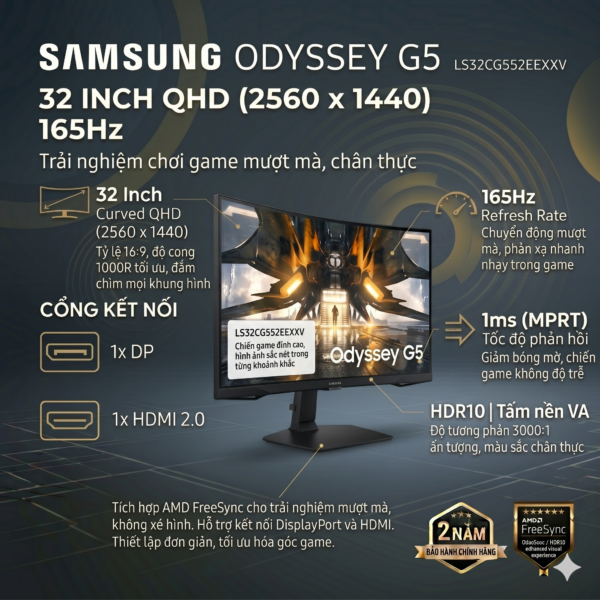 Màn Hình Gaming Samsung Odyssey G5 LS32CG552EEXXV (32 Inch | QHD 2K | VA | 165Hz | 1ms | Cong 1000R | HDR10 | FreeSync)