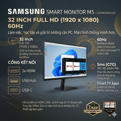 Màn Hình Samsung Smart Monitor M5 LS32FM500EEXXV (32 Inch | Full HD | VA | Smart TV Apps | WiFi | Bluetooth | Điều Khiển Từ Xa)