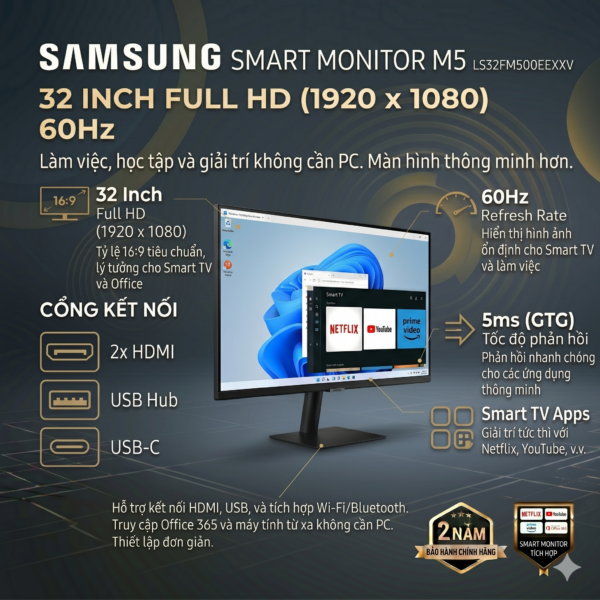 Màn Hình Samsung Smart Monitor M5 LS32FM500EEXXV (32 Inch | Full HD | VA | Smart TV Apps | WiFi | Bluetooth | Điều Khiển Từ Xa)