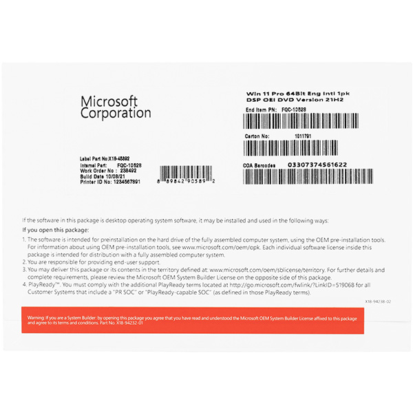 Alternative view of Phần mềm Microsoft Windows Pro 11 64Bit Eng Intl 1pk DSP OEI DVD (FQC-10528)