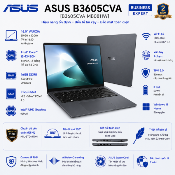 Laptop ASUS ExpertBook B3 B3605CVA MB0811W (Intel Core i5-13420H | RAM 16GB | SSD 512GB | 16 Inch WUXGA | Vân Tay | Win 11 Home)