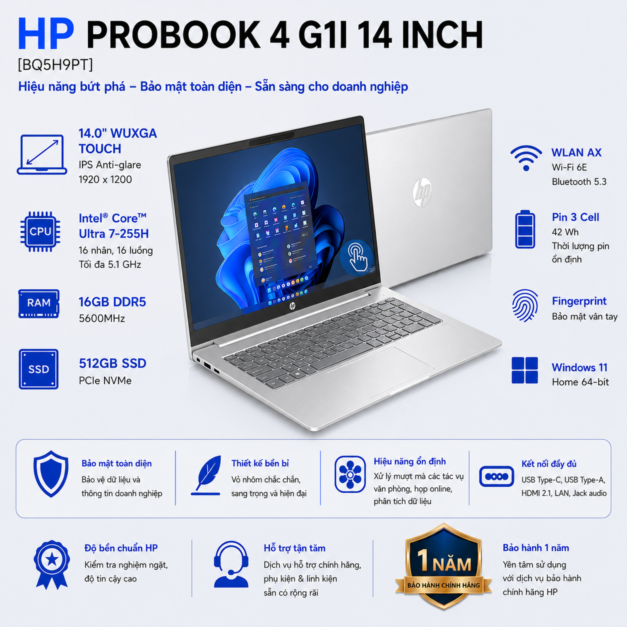 Laptop HP ProBook 4 G1i 14 BQ5H9PT (Intel Core Ultra 7 255H | RAM 16GB | SSD 512GB | 14 Inch WUXGA Touch | Vân Tay | Win 11 Home)