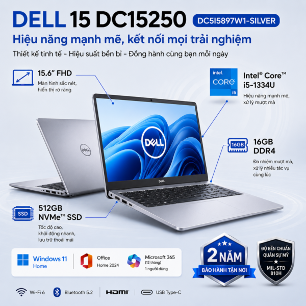 Laptop Dell 15 DC15250 DC5I5897W1-SILVER (Intel Core i5-1334U | RAM 16GB | SSD 512GB | 15.6 Inch FHD | Office Home 2024 + Microsoft 365 | Win 11 Home)