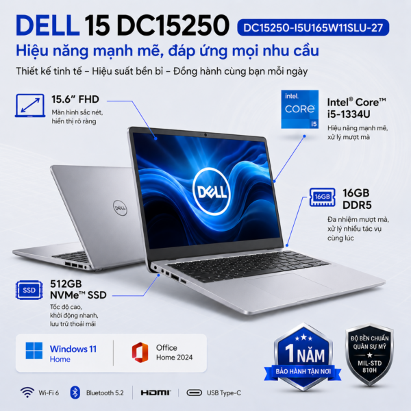 Laptop Dell 15 DC15250-I5U165W11SLU-27 (Intel Core i5-1334U | RAM 16GB | SSD 512GB | 15.6 Inch FHD | Office Home 2024 | Win 11 Home)