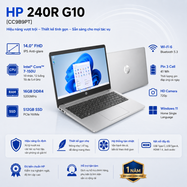 Laptop HP 240R G10 CC9B9PT (Intel Core 7 150U | RAM 16GB | SSD 512GB | 14 Inch FHD | Win 11 Home)