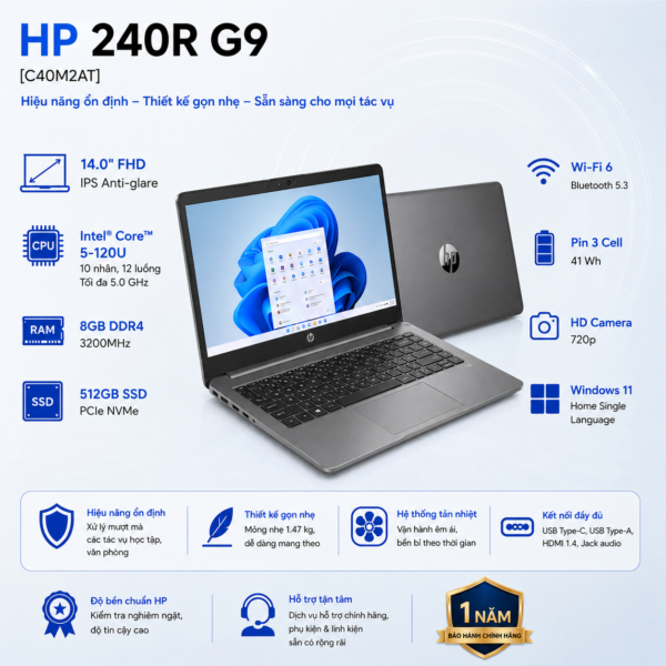 Laptop HP 240R G9 C40M2AT (Intel Core 5 120U | RAM 8GB | SSD 512GB | 14 Inch FHD | Win 11 Home)