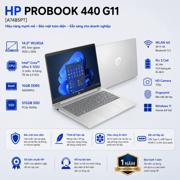 Laptop HP ProBook 440 G11 A74B5PT (Intel Core Ultra 5 125U | RAM 16GB | SSD 512GB | 14 Inch WUXGA | Win 11 Home)