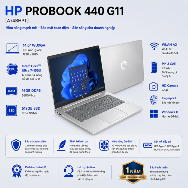 Laptop HP ProBook 440 G11 A74BHPT (Intel Core Ultra 7 155U | RAM 16GB | SSD 512GB | 14 Inch WUXGA | Vân Tay | Win 11 Home)