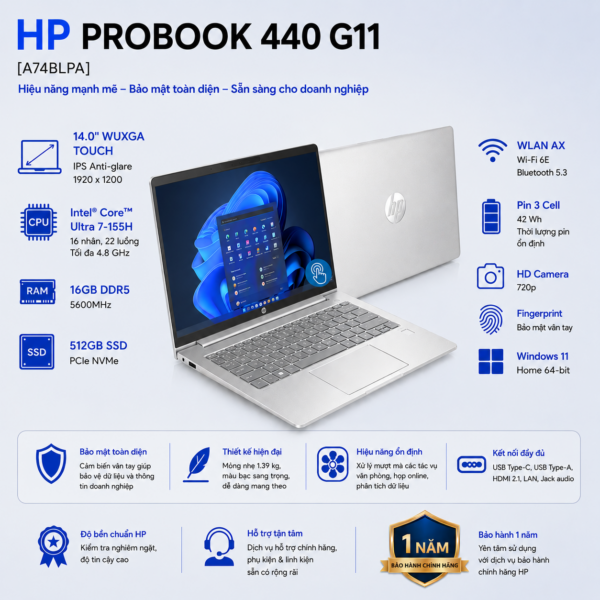 Laptop HP ProBook 440 G11 A74BLPA (Intel Core Ultra 7 155H | RAM 16GB | SSD 512GB | 14 Inch WUXGA Touch | Vân Tay | Win 11 Home)