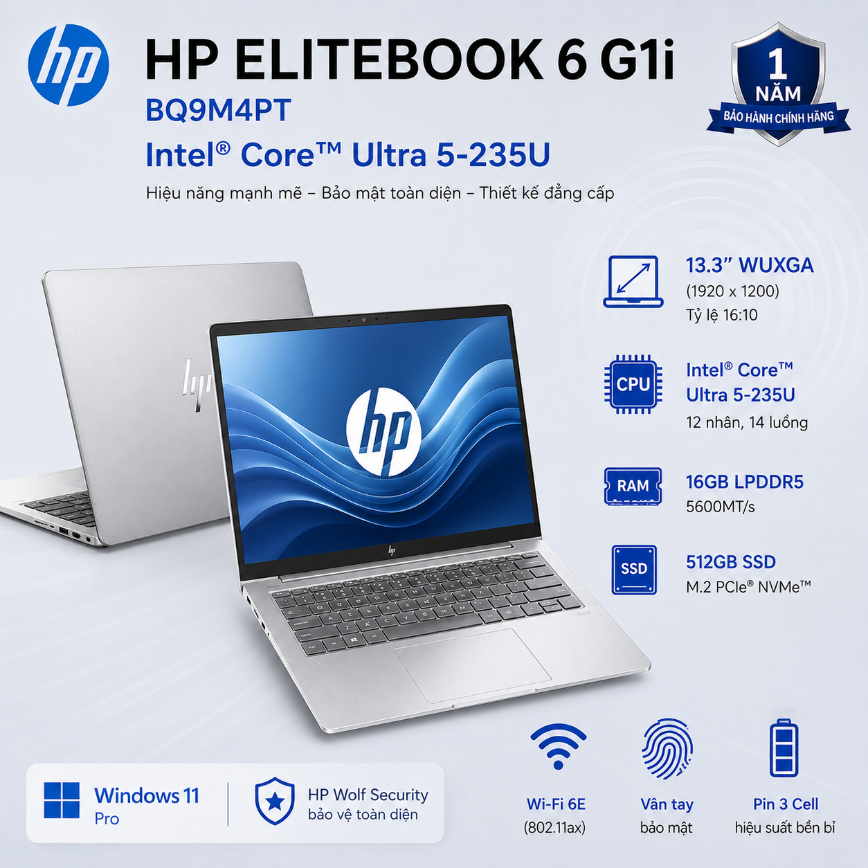 Laptop HP EliteBook 6 G1i 13 BQ9M4PT (Intel Core Ultra 5 235U | RAM 16GB | SSD 512GB | 13.3 Inch WUXGA | Vân Tay | Win 11 Pro)