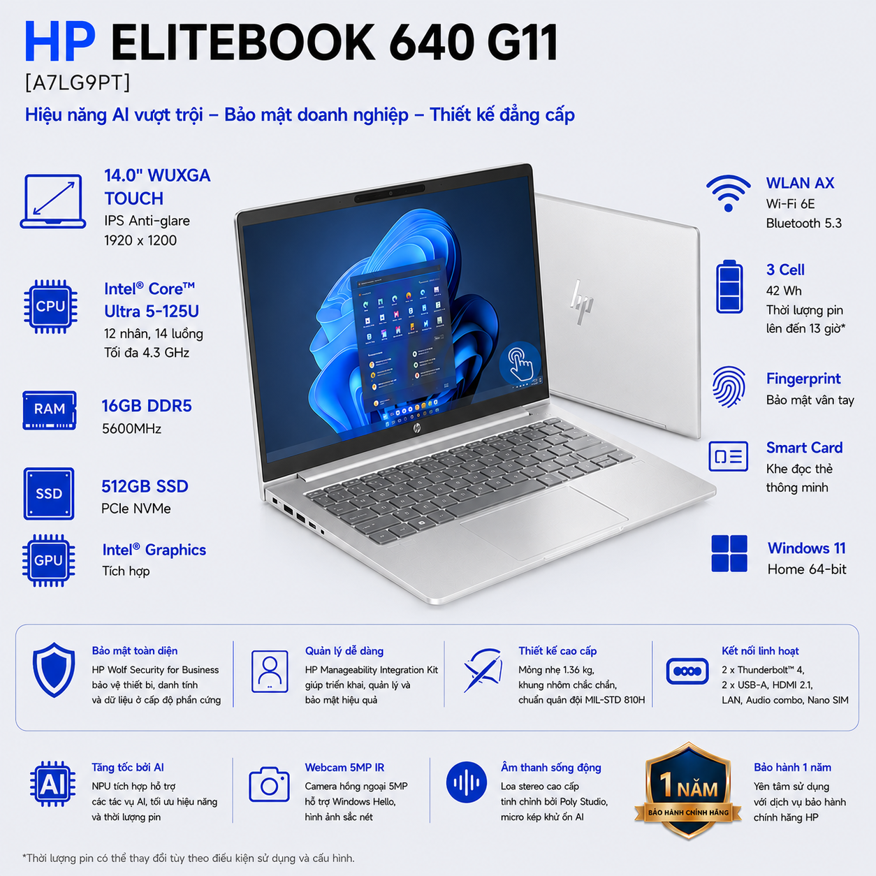 Laptop HP EliteBook 640 G11 A7LG9PT (Intel Core Ultra 5 125U | RAM 16GB | SSD 512GB | 14 Inch WUXGA Touch | Vân Tay | Smart Card | Win 11 Home)