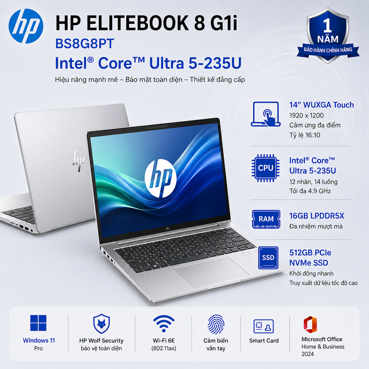 Laptop HP EliteBook 8 G1i BS8G8PT (Intel Core Ultra 5 235U | RAM 16GB | SSD 512GB | 14 Inch WUXGA Touch | Vân Tay | Smart Card | Win 11 Pro)