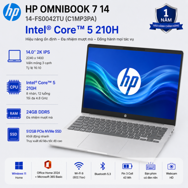 Laptop HP OmniBook 7 14-FS0042TU C1MP3PA (Intel Core 5 210H | RAM 24GB | SSD 512GB | 14 Inch 2K | Office Home 2024 + Microsoft 365 Basic | Win 11 Home)