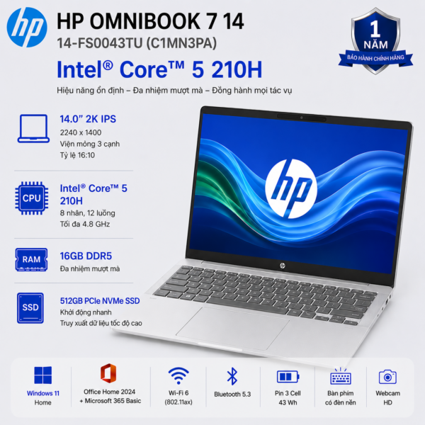 Laptop HP OmniBook 7 14-FS0043TU C1MN3PA (Intel Core 5 210H | RAM 16GB DDR5 | SSD 512GB | 14 Inch 2K | Office Home 2024 + Microsoft 365 Basic | Win 11 Home)