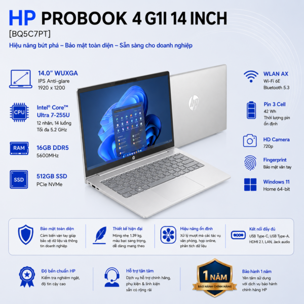 Laptop HP ProBook 4 G1i 14 BQ5C7PT (Intel Core Ultra 7 255U | RAM 16GB | SSD 512GB | 14 Inch WUXGA | Vân Tay | Win 11 Home)