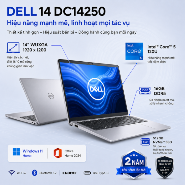 Laptop Dell 14 DC14250 DC4C5386W-SILVER (Intel Core 5 120U | RAM 16GB | SSD 512GB | 14 Inch WUXGA | Office Home 2024 | Windows 11)