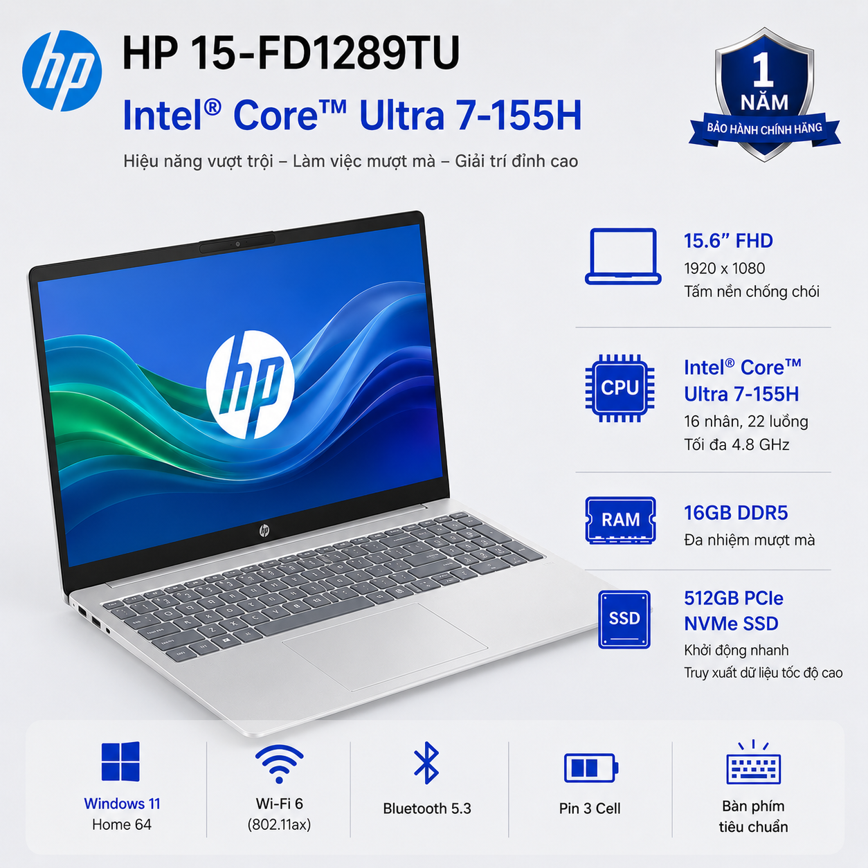 Laptop HP 15-fd1289TU C2CV8PA (Intel Core Ultra 7 155H | RAM 16GB | SSD 512GB | 15.6 Inch FHD | Win 11 Home)