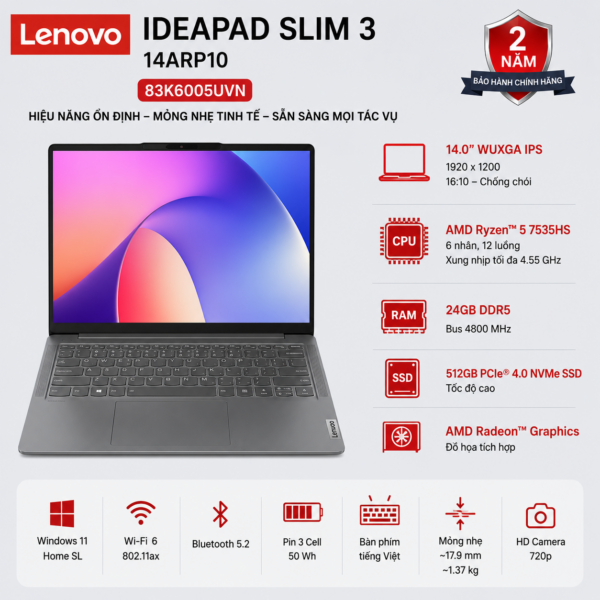 Laptop Lenovo IdeaPad Slim 3 14ARP10 83K6005UVN (AMD Ryzen 5 7535HS | RAM 24GB DDR5 | SSD 512GB | 14 Inch WUXGA | Windows 11 Home)