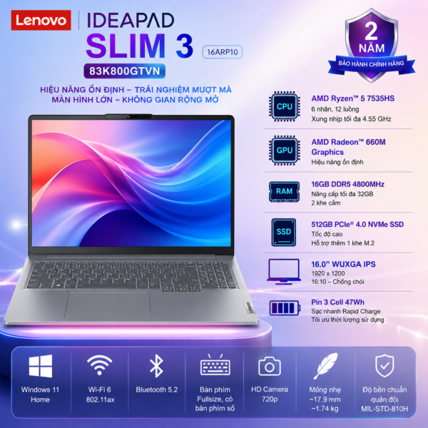 Laptop Lenovo IdeaPad Slim 3 16ARP10 83K800GTVN (AMD Ryzen 5 7535HS | RAM 16GB DDR5 | SSD 512GB | Radeon 660M Graphics | 16 Inch WUXGA | Windows 11 Home)