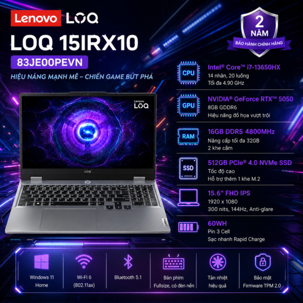 Laptop Gaming Lenovo LOQ 15IRX10 83JE00PEVN (Intel Core i7-13650HX | RAM 16GB DDR5 | SSD 512GB | GeForce RTX 5050 8GB | 15.6 Inch FHD 144Hz | Windows 11 Home)