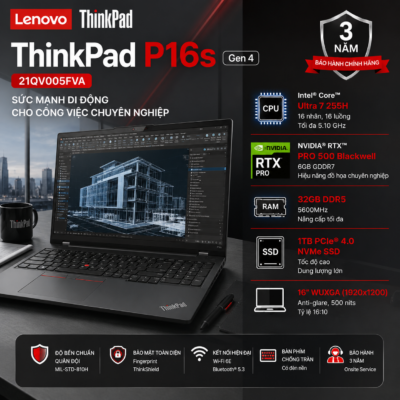 Laptop Lenovo ThinkPad P16s Gen 4 21QV005FVA (Intel Core Ultra 7 255H | RAM 32GB DDR5 | SSD 1TB | NVIDIA RTX PRO 500 Blackwell 6GB | 16 Inch WUXGA 500 nits | Vân Tay | No OS)
