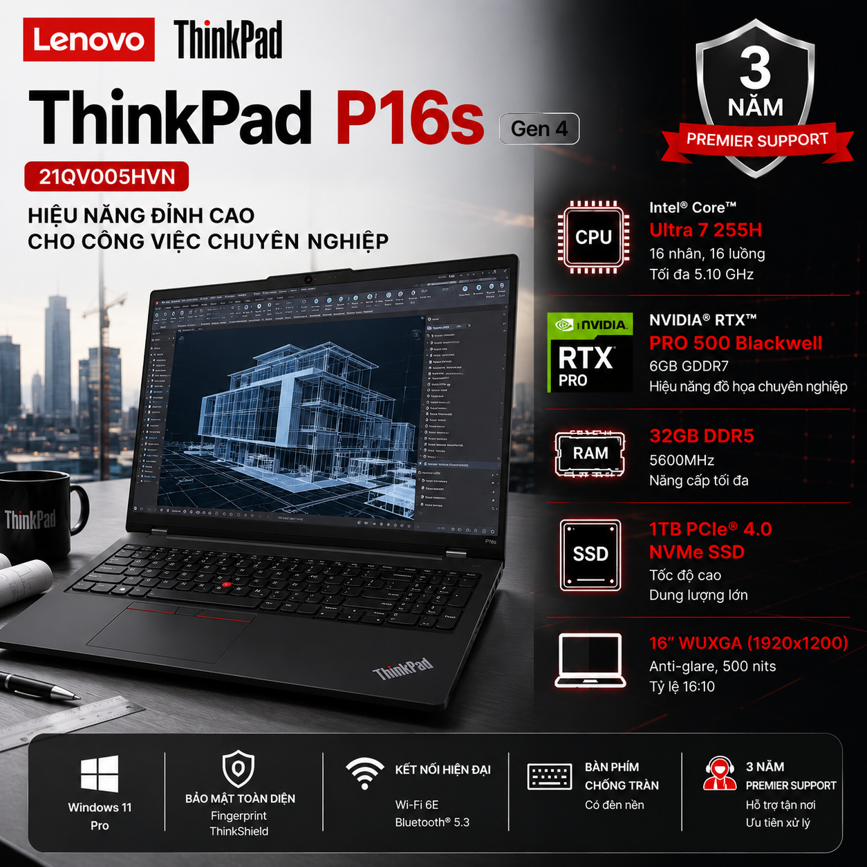 Laptop Lenovo ThinkPad P16s Gen 4 21QV005HVN (Intel Core Ultra 7 255H | RAM 32GB DDR5 | SSD 1TB | NVIDIA RTX PRO 500 Blackwell 6GB | 16 Inch WUXGA 500 nits | Vân Tay | Windows 11 Pro)