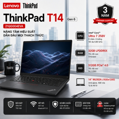 Laptop Lenovo ThinkPad T14 Gen 6 21QG004EVA (Intel Core Ultra 7 258V | RAM 32GB LPDDR5X | SSD 512GB | 14 Inch WUXGA 400 nits | Vân Tay | No OS | Premier Support 3 Năm)