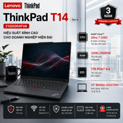 Laptop Lenovo ThinkPad T14 Gen 6 21QG004FVA (Intel Core Ultra 7 258V | RAM 32GB LPDDR5X | SSD 1TB | 14 Inch WUXGA 400 nits | Vân Tay | No OS | Premier Support 3 Năm)