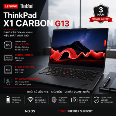 Laptop Lenovo ThinkPad X1 Carbon Gen 13 21NYS7UM00 (Intel Core Ultra 7 265U | RAM 32GB LPDDR5X | SSD 512GB | 14 Inch WUXGA Touch | Vân Tay | FHD Webcam | No OS | Premier Support 3 Năm)