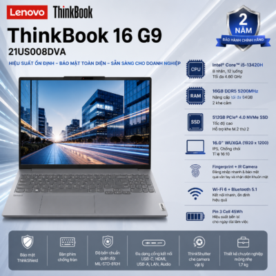 Laptop Lenovo ThinkBook 16 G9 IRL 21US008DVA (Intel Core i5-13420H | RAM 16GB DDR5 | SSD 512GB | 16 Inch WUXGA | Vân Tay | Camera IR | No OS)