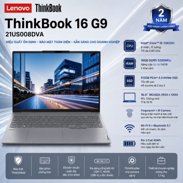 Laptop Lenovo ThinkBook 16 G9 IRL 21US008DVA (Intel Core i5-13420H | RAM 16GB DDR5 | SSD 512GB | 16 Inch WUXGA | Vân Tay | Camera IR | No OS)