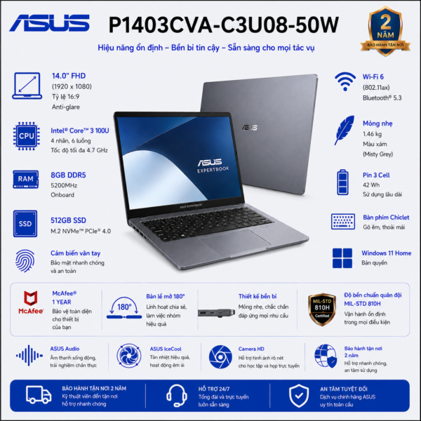 Laptop ASUS ExpertBook P1 P1403CVA-C3U08-50W (Intel Core 3 100U | RAM 8GB DDR5 | SSD 512GB | 14 Inch FHD | Vân Tay | Win 11 Home)