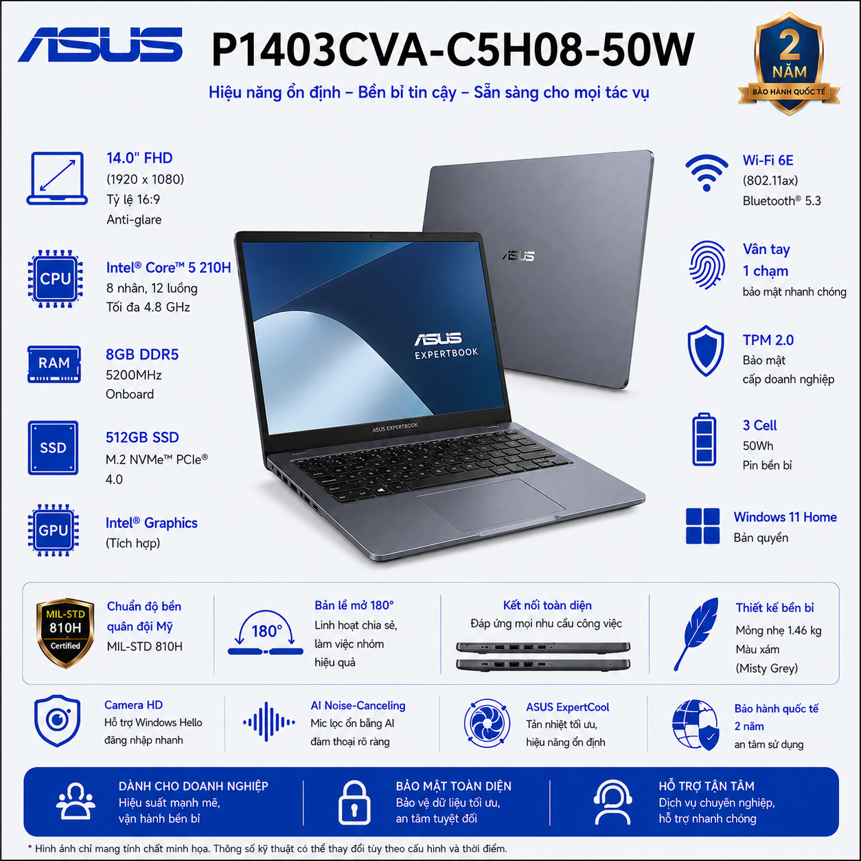 Laptop ASUS ExpertBook P1 P1403CVA-C5H08-50W (Intel Core 5 210H | RAM 8GB DDR5 | SSD 512GB | 14 Inch FHD | Vân Tay | Win 11 Home)