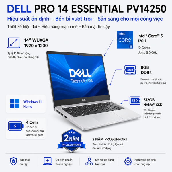 Laptop Dell Pro 14 Essential PV14250-120U-08512W (Intel Core 5 120U | RAM 8GB | SSD 512GB | 14 Inch WUXGA | Win 11 Home | ProSupport 2 Năm)