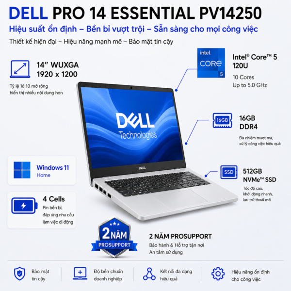 Laptop Dell Pro 14 Essential PV14250-120U-16512W (Intel Core 5 120U | RAM 16GB | SSD 512GB | 14 Inch WUXGA | Win 11 Home | ProSupport 2 Năm)