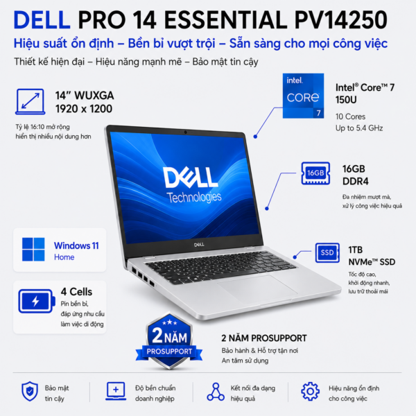 Laptop Dell Pro 14 Essential PV14250-150U-161TBW (Intel Core 7 150U | RAM 16GB | SSD 1TB | 14 Inch WUXGA | Win 11 Home | ProSupport 2 Năm)