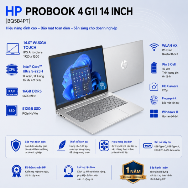 Laptop HP ProBook 4 G1i 14 BQ5B4PT (Intel Core Ultra 5 225H | RAM 16GB | SSD 512GB | 14 Inch WUXGA Touch | Vân Tay | Win 11 Home)