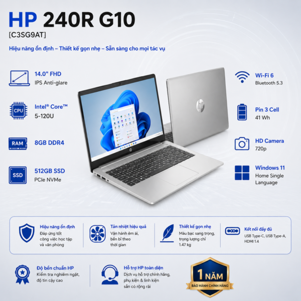 Laptop HP 240R G10 C3SG9AT (Intel Core 5 120U | RAM 8GB | SSD 512GB | 14 Inch FHD | Win 11 Home)